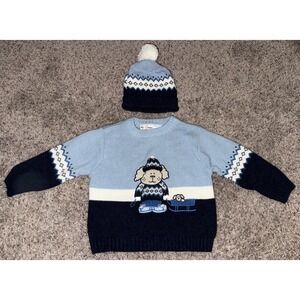 Vintage b.t. kids Puppy Dog Pulling Sled‎  Sweater  w Beanie Hat Blue 24 Months